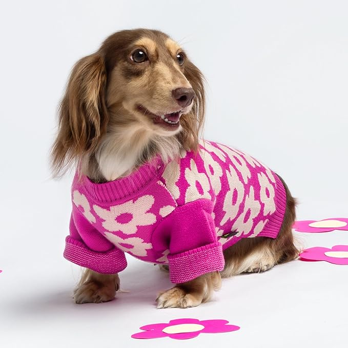 Fitwarm Floral Dog Sweater, Thermal Dog Sweatshirt, Dog Winter Clothes for Small Dogs Girl, Doggy Pullover Jumper, Pet Outfit, Hot Pink, White, Medium