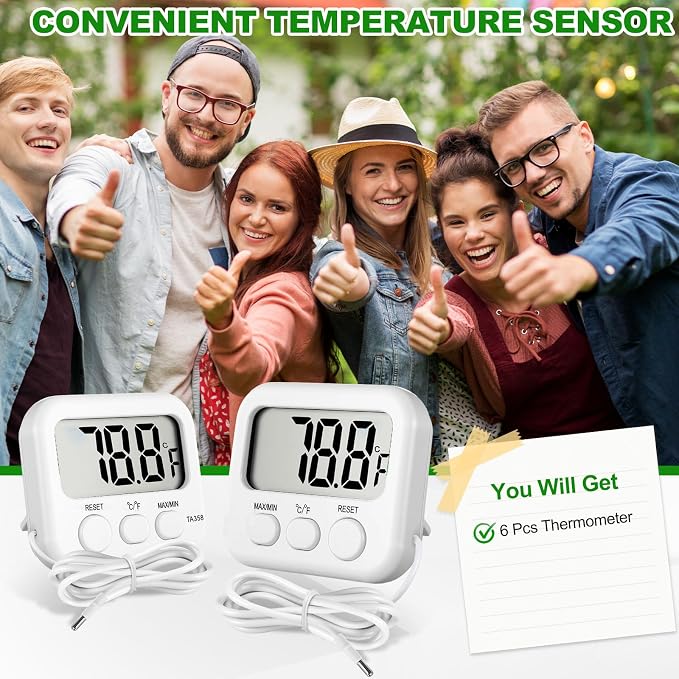 Kingdder 6 Pack Digital Thermometer with Magnetic Back External Sensor Fridge Thermometer Freezer Waterproof Room Temperature Monitor with LCD Display, Max/min Record Function for Kitchen Aquarium