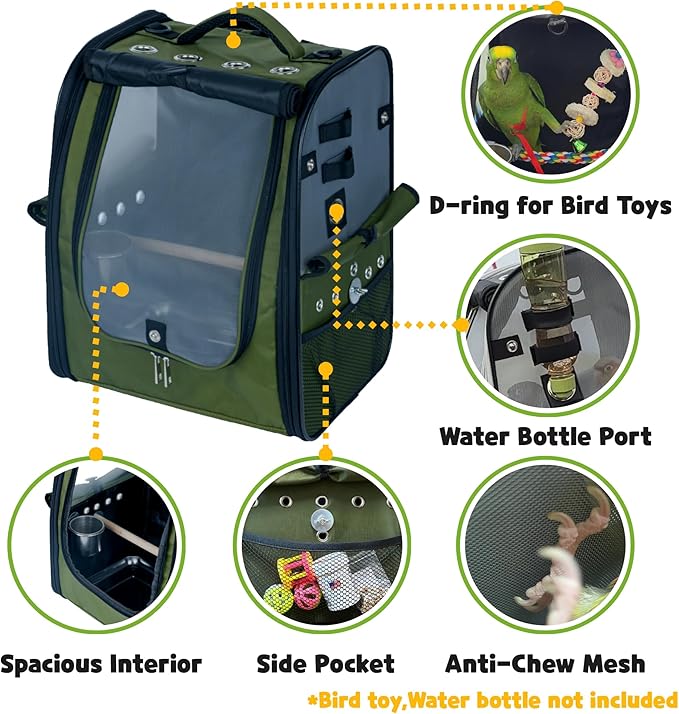 Birds Day Bird Carrier Backpack - Breathable Mesh Portable Parrot Travel Cage with 2PCS Perch, Food Bowl, and Stainless Steel Tray (Dark Olive Green)