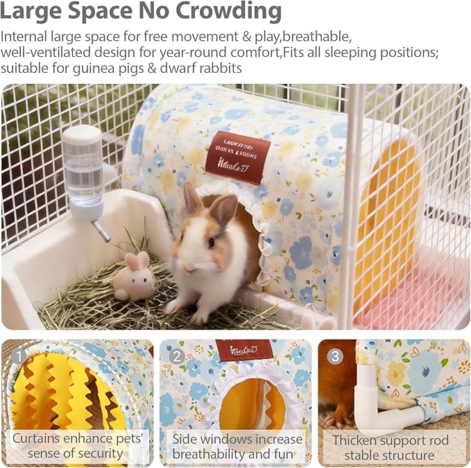 Guinea Pig Hideout Tunnel - Stable Washable Small Animal Tunnel Hide with Curtains,Guinea Pig Accessories for Hamster/Chinchilla/Dwarf Rabbit/Ferret (Blue, Large)