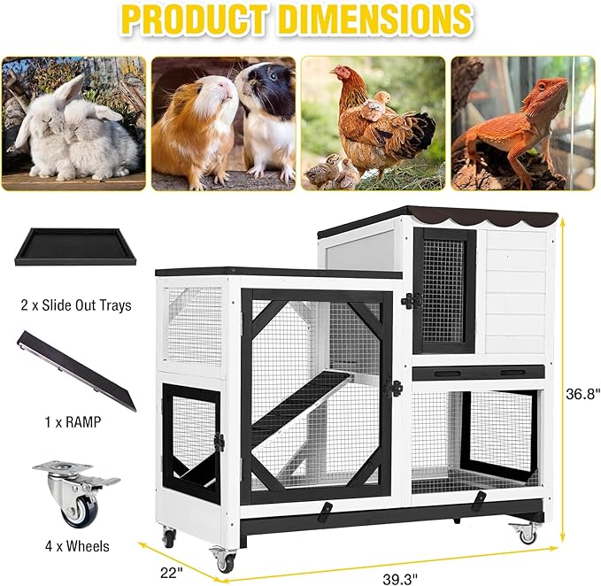 Aivituvin 2-Story Large 39.3" Rabbit Hutch, Opening Roof Bunny Cage with Chew-Proof Ramp, Leak-Proof Tray and Locking Wheels, for 2-4 Rabbits (Black/White)