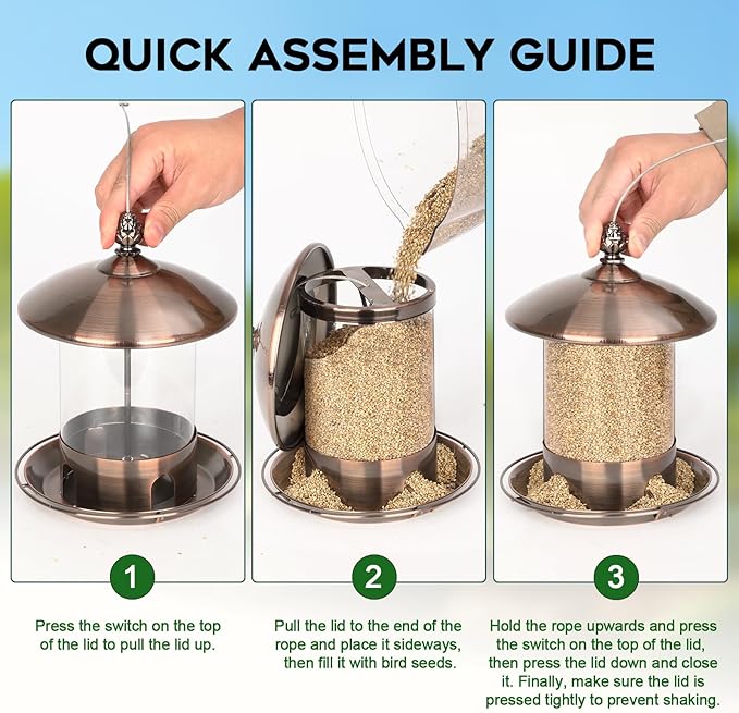 Gbekery Metal Bird Feeders for Outdoors Hanging, Weather Resistant Wild Bird Feeder with 360 Degree Feeding Tray, Copper