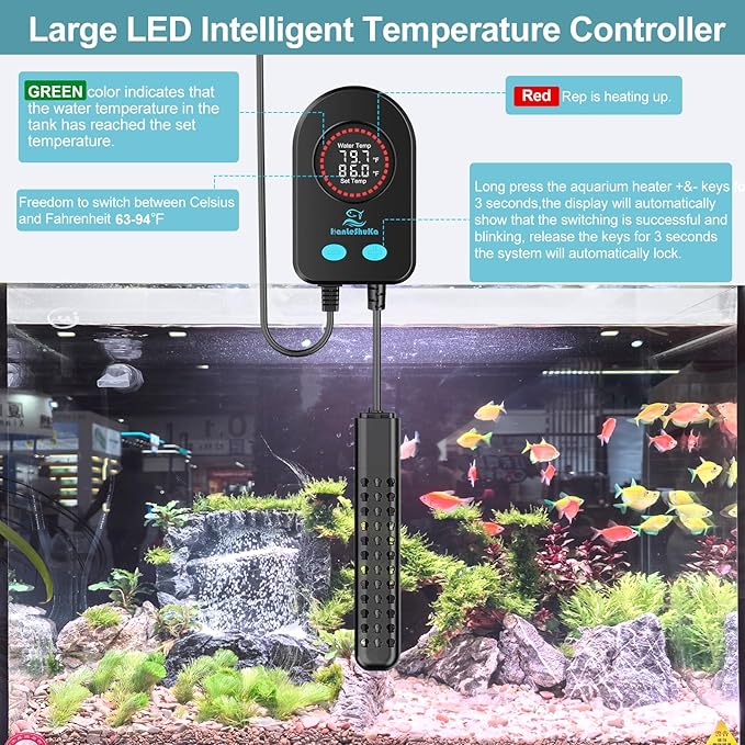 200W Aquarium Heater for 20-40 Gallon with Auto Shut-Off When Leaving Water—Submersible Fish Tank Heater, Dry-Burn & Overheat Protection, Explosion-Proof, Freshwater Saltwater Turtle Tank
