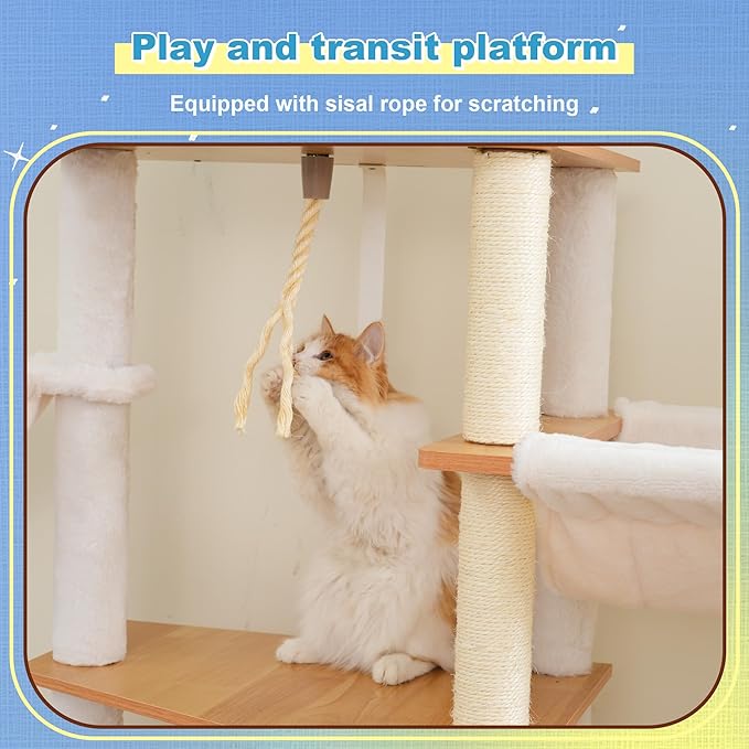 Hey-brother Wooden Cat Tree, 69.7 inch Cats Furniture Tower with Large Platforms, Hammocks, Spacious Condo, Full Sisal Scratching Posts, Ladder, Brush, Water Proof Surface, Walnut MPJ121WB