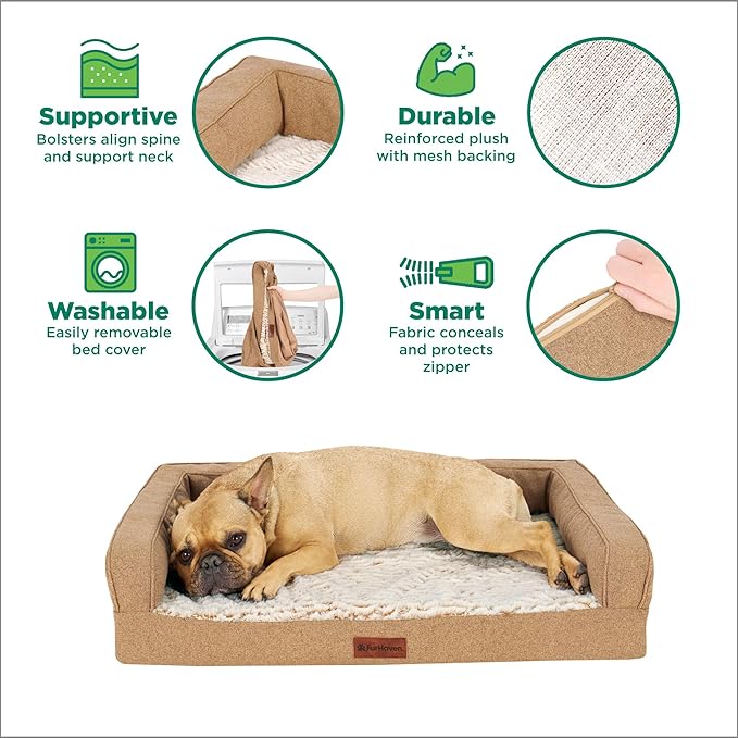 FurHaven Jumbo (32"x40") Orthopedic Dog Bed – Birch Faux Fur & Soft Faux Linen Modern Sofa Pet Bed, CertiPUR-US Foam, Removable Washable Cover, Nutmeg
