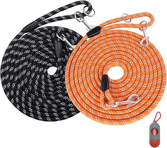2 Pack Black&Orange 50FT Long Dog Training Leash for Medium/Larege Dogs for Walking Camping Outside