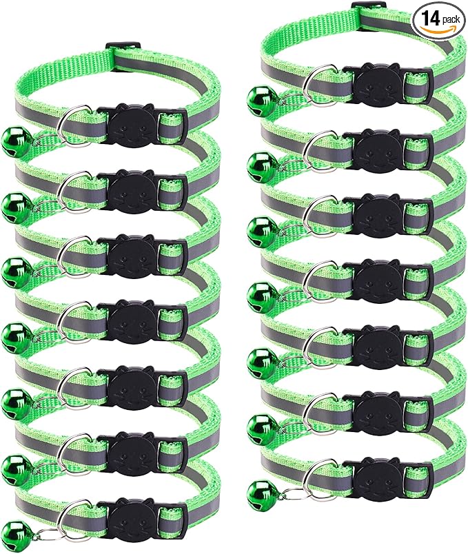 14 Pack Breakaway Cat Collar with Bell, Reflective Kitten Collar for Girl Boy Cats, Safety Buckle Adjustable 7.5-12.5 Inch, 0.4 Inch Width Lightweight, Pet Gifts (Light Green)