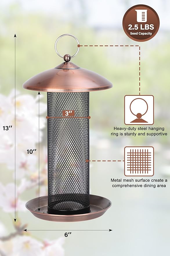 Gtongoko Finch Bird Feeders for Outdoors 2.5 LB Capacity Squirrel Proof Metal Mesh Tube Bird Feeders Thistle & Nyjer Seed Hanging Feeder, Copper, 1 Pack