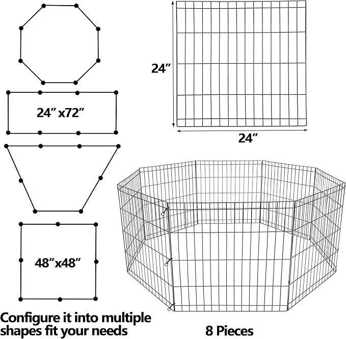 Pet Playpen 8 Panels Foldable Metal Exercise Pen Animal Exercise Dog Fence Indoor Outdoor for Medium/Small Animals (24" H)