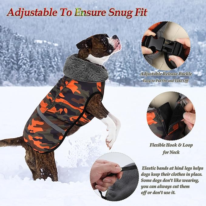 Dogcheer Warm Dog Coat, Waterproof Dog Jacket Christmas Puppy Winter Coat with Buckle, Reflective Adjustable Pet Snow Jacket Turtleneck Fleece Sweater for Small Medium Large Dogs - Orange Camo, L