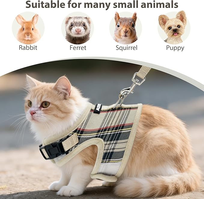 AIITLE Adjustable Bunny Harness & Leash Set - Soft Mesh Liner, Comfort Fit Plaid Pattern Vest with Magic Tape Design, Portable for Small Animal Pets Puppy Cat Rat Squirrel Ferret, Beige L
