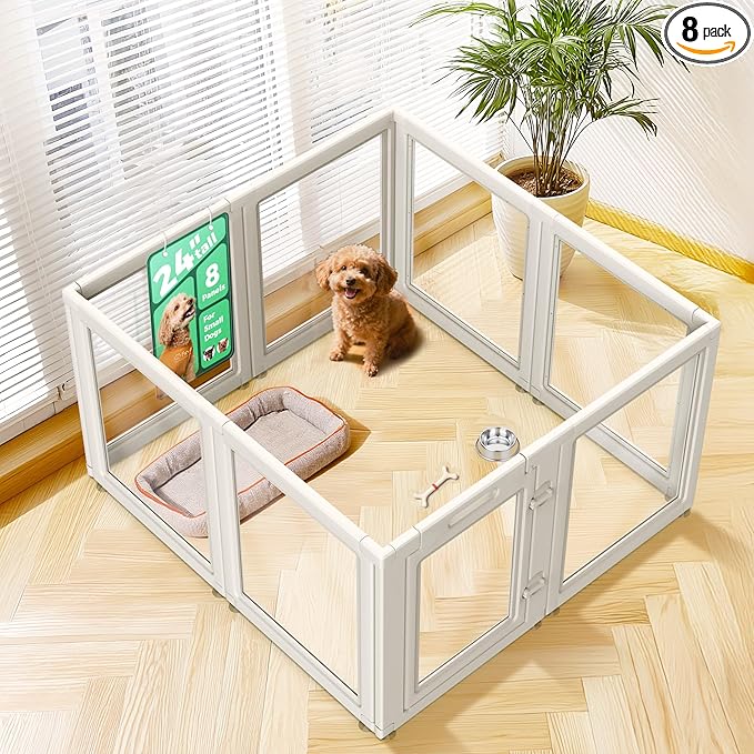 FXW AuraSpace Acrylic Indoor Dog Playpen for Puppies and Small Dogs, 24 Inch, 8 Panels, White