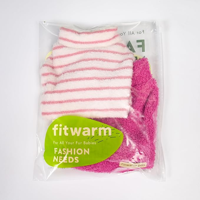 Fitwarm 2 Pack Striped Fleece Dog Sweater, Warm Winter Dog Clothes for Small Dogs Girl, Fuzzy Turtleneck Pet Outfit, Doggy Pullover Jumper, Rose Pink, White, Light Pink, XS