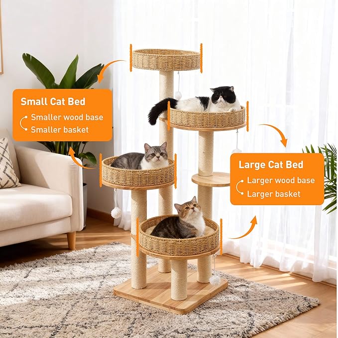 Modern Cat Tree for Indoor Cats Large Adult, 54''Tall Cat Tower with Scratching Post, Wood Cat Tree for Large Cats with Multi-Levels, 4 Weaving Washable Handwoven Rattan Cat Condo