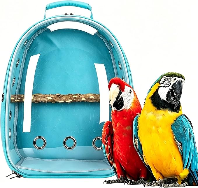 Bird Backpack, Lightweight and Breathable Outdoor Travel Backpack with 12 Breathable Holes, Wooden Pole, Adjustable Shoulder Strap for Birds and Pets (Light Blue)