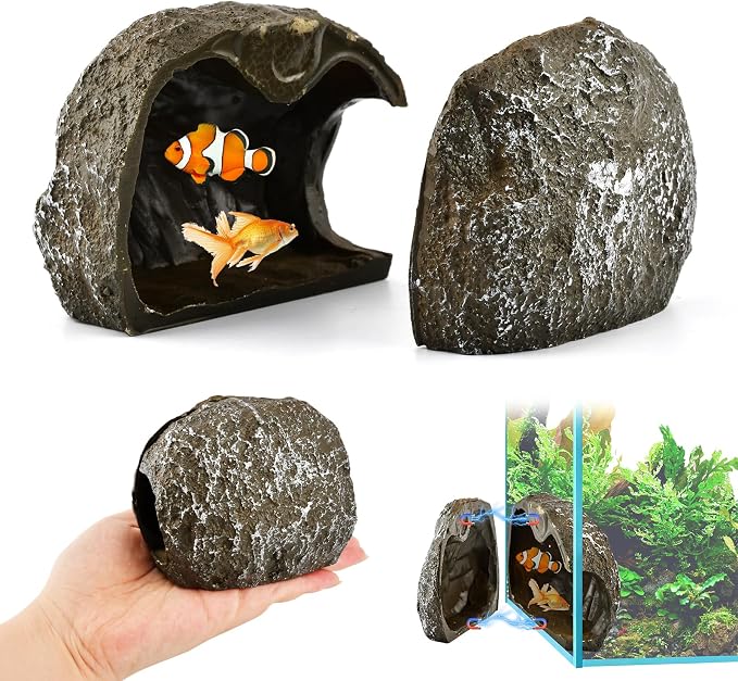 Magnetic Aquarium Cave Magnetic Rocks Fish Tank Decor with Strong Magnetics Resin Pleco Hideout for Bettas Easy Viewing Shelter(Color:Brown)