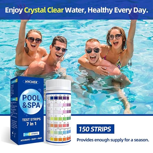 7 in 1 Accurate Pool Test Strips, 150-Count Hot Tub & Spa Test Strip | Water Chemical Testing Kit for Bromine, Chlorine, pH, Hardness, More, Fast & Easy Test Way, Pool Water Testing Kit