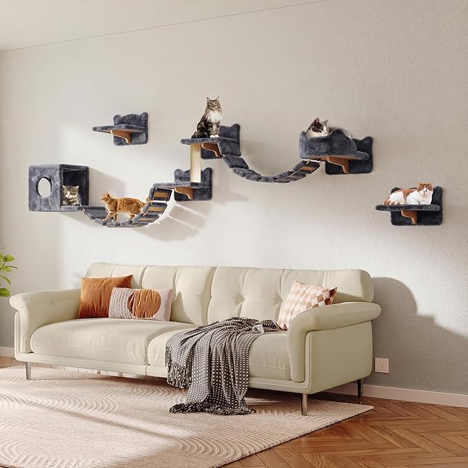 Cat Wall Shelves, Wall Mounted Cat Shelf Furniture with Plush Fabric (9 Piece Set), Cats Furniture with Condos, House, Steps, Bridge Ladder, Scratching Post, Grey