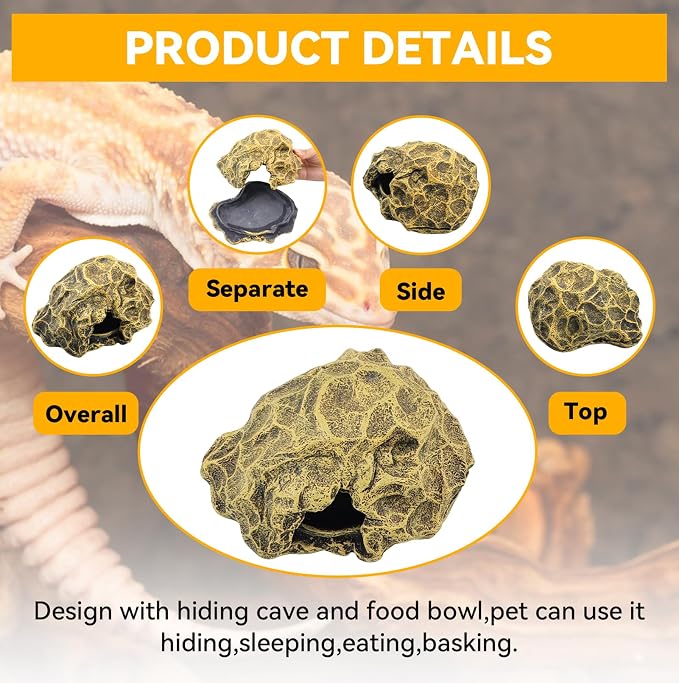 Small Hideout for Reptiles,Reptile Hide Cave Resin Gecko Habitat Decor 2 in 1 Multi-Functional Leopard Gecko Tank Accessories Hideout with Detachable Base as Food Bowl