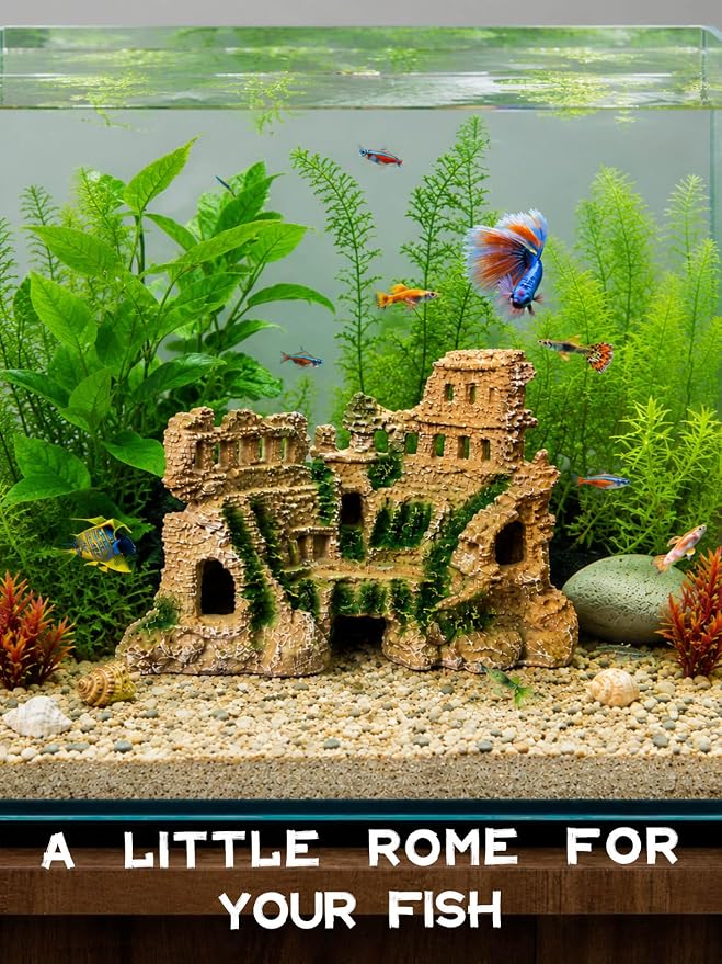 Fish Tank Decor - Antique Roman Column Ruin Ornament for Aquarium, Aquarium Hideout with European Castle Texture for Betta, Guppy, Shrimp - Safe Aquatic Decoration, Fish Hiding House