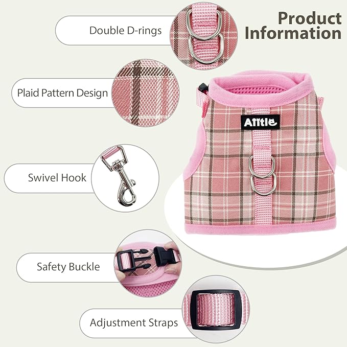 AIITLE Breathable Rabbit Harness and Leash Set - Plaid Pattern Padded Vest with Magic Tape Design, Dual D-Rings, Adjustable for Small Animal Pets, Indoor Outdoor Training Camping, Pink M