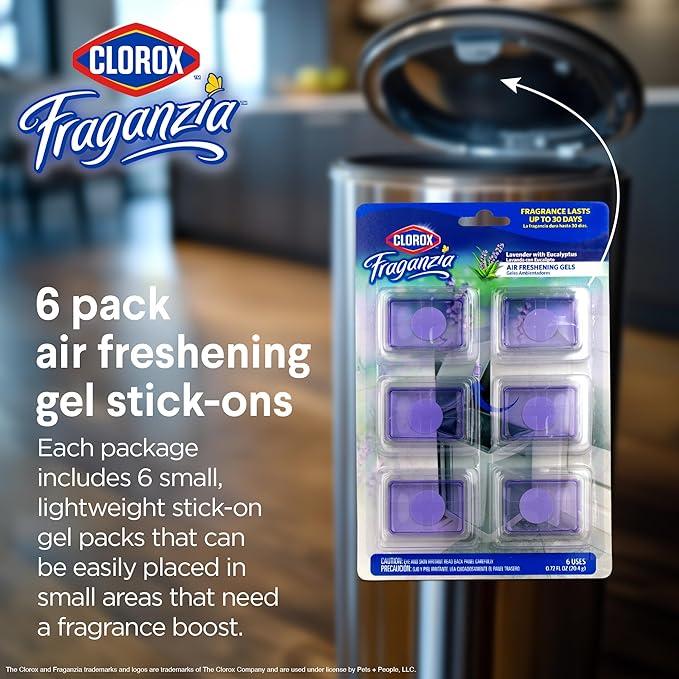 Clorox Fraganzia Stick-On Gel Fresheners, Lavender with Eucalyptus Trash Can Deodorizer Up to 30 Days Scent, Odor Absorber for Kitchen, Bathroom, Closet, No Plug or Batteries, 0.12 Fl Oz, 6 Count