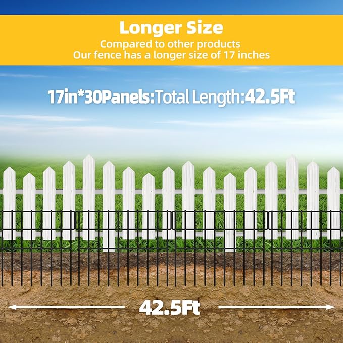 ULIOK 30 Panels Garden Fence Animal Barrier, Animal Barrier Fences No Dig Fence, 42.5ft(L) x 13in(H) Dog Fencing Rabbit Fences, 1.5in Spike Spacing Rustproof Metal Fences Border for Outdoor Yard