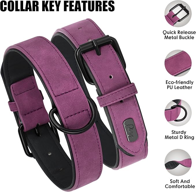 Didog Soft Padded PU Leather Dog Collar, Breathable and Adjustable Dog Collar for Large Dogs, Comfortable for Daily Walk, Purple, XL Fit Neck 18-22"(45-71 lbs)
