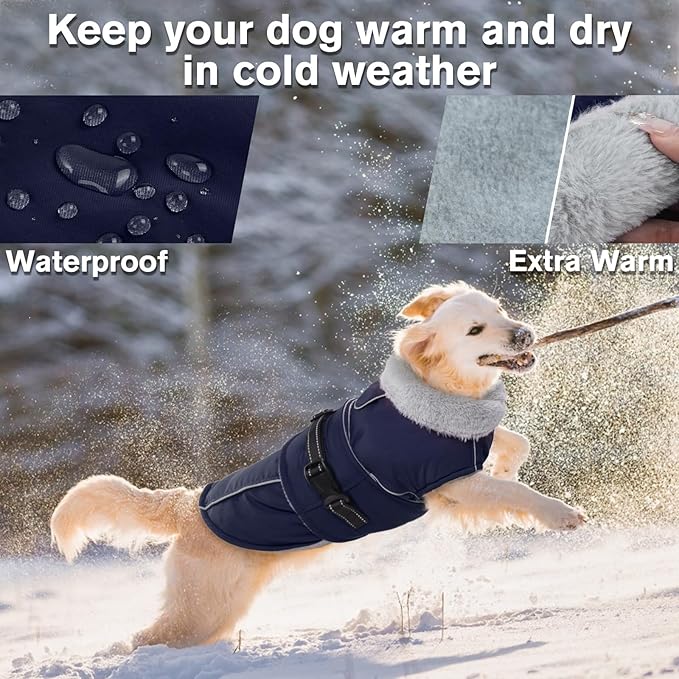 Lelepet Warm Dog Coat Waterproof Dog Jacket for Small Dogs Reflective Fleece Vest with Adjustable Buckle Hook & Loop Windproof Cold Weather Coats for Small Medium Large Dogs, Navy Blue, S