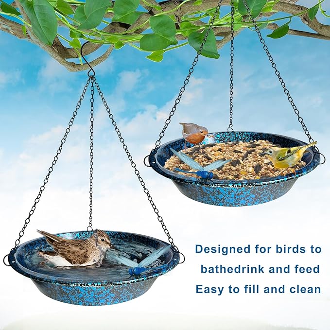 Hanging Bird Bath for Outdoors 11.4 inch Birdbath Bowl Window Birds Feeder with Rust-Proof Black Chains Hooks Metal Hanging BirdBaths Hanging Bird-Feeder for Garden Backyard Decor Blueblack