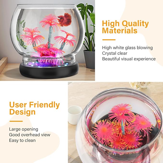 hygger 0.5 Gallon/1 Gallon Glass Fish Bowl with LED Light and Decor, Small Round Betta Fish Tank Goldfish Bowl, Round Clear Unbreakable Aquarium/Vase/Hydroponic Plant Terrarium, Nice Centerpieces