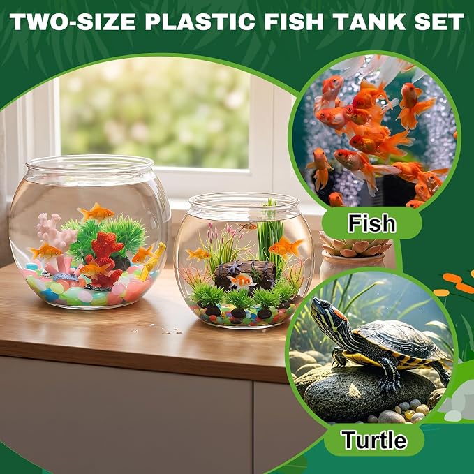 Cinnvoice 521 Pcs Plastic Fish Bowls Starter Kit, 1.5 Gallon & 0.27 Gallon Round Shatterproof Aquarium with Luminous Stones, Artificial Plants, Decor for Betta Goldfish, Small Fish Tank for Office