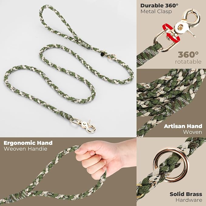 Tirevt Hand-Woven Dog Collar and Leash Set:Color-Block Design, Premium Reinforced Buckle, Adjustable Artisan Paracord for Puppies, Small, Medium & Large Dogs (Green, XS)