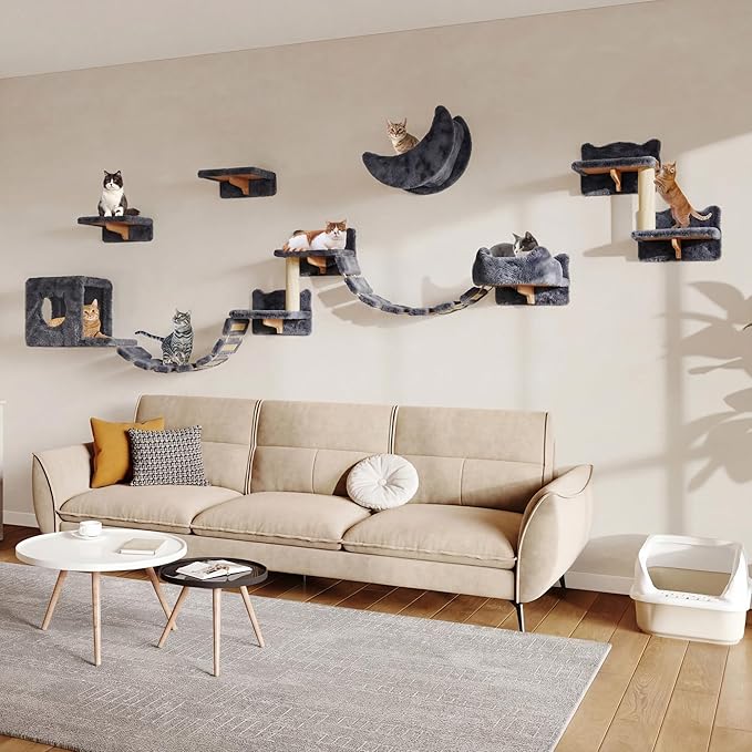 13-in-1 Cat Wall Shelves, Wall Mounted Cat Furniture Set with Plush Fabric, Cat Climbing Wall Systems, Cats Shelf with Moon Hammock, Condos, House, Step, Bridge Ladder, Scratching Post, Grey