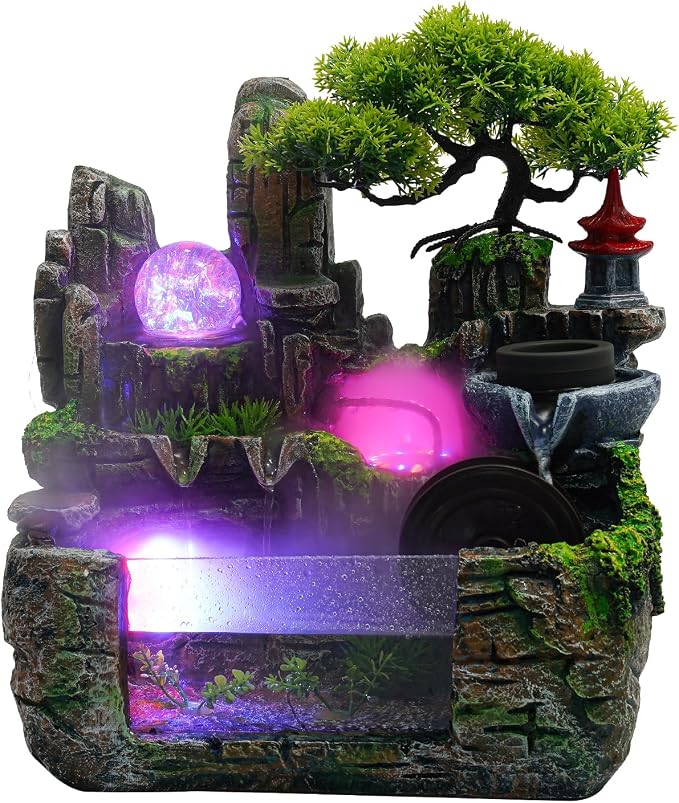 Tabletop Water fountainRockery Tabletop Fountain Indoor Waterfall | with an Atomizer Elaxation Water Feature Meditation with LED Light for Desktop Home Office Decor