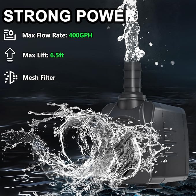 Knifel 400GPH 25W Submersible Water Pump, 10ft Power Cord & Wire hose | Ultra Quiet Pump for Aquarium, Fish Tank, Outdoor Pond, Garden, Aquarium, Fountain and Hydroponic Systems