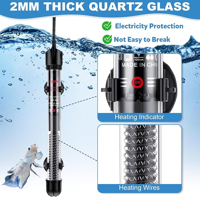 Dreyoo 2 Set 100W Submersible Aquarium Heater with 4 Thermometer Stickers | Adjustable Aquarium Fish Tank Heater with Suckers, Adjustable Knob Thermostat for Marine Saltwater and Freshwater