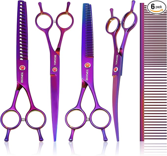 TOPGOOSE Dog Grooming Scissors Kit, Professional 6 in 1 Pet Scissors Sharp Shears Set - Straight, Thinning, Chunker, Curved Shears and Comb for Long Short Hair for Dog Cat (Set, Purple)