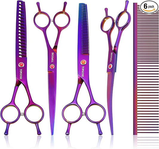 TOPGOOSE Dog Grooming Scissors Kit, Professional 6 in 1 Pet Scissors Sharp Shears Set - Straight, Thinning, Chunker, Curved Shears and Comb for Long Short Hair for Dog Cat (Set, Purple)