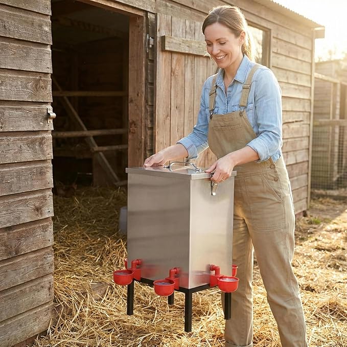 3 Gallon Chicken Waterer with Cups & Nipples, Stainless Steel Poultry Waterer for Backyard Coop, No-Spill, Easy to Clean, Ideal for Chickens, Ducks & Small Farms
