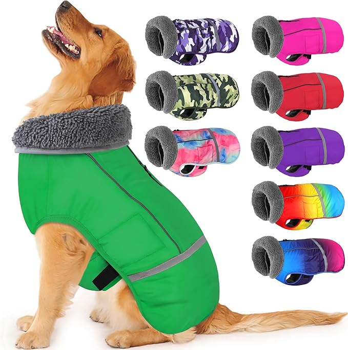 Dogcheer Warm Dog Coat, Waterproof Dog Jacket Christmas Puppy Winter Coat with Buckle, Reflective Adjustable Pet Snow Jacket Turtleneck Fleece Sweater for Small Medium Large Dogs - Green, 2XL