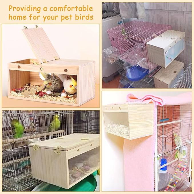 PINVNBY Large Natural Wood Parakeet Nesting Box Budgie Breeding Box Acrylic Bird Nest for Cage Transparent Panoramic for Birds, Parrots, Cockatiels, Lovebirds, Canaries (XL: 13.3 x 7.8 x 7.08 inch)