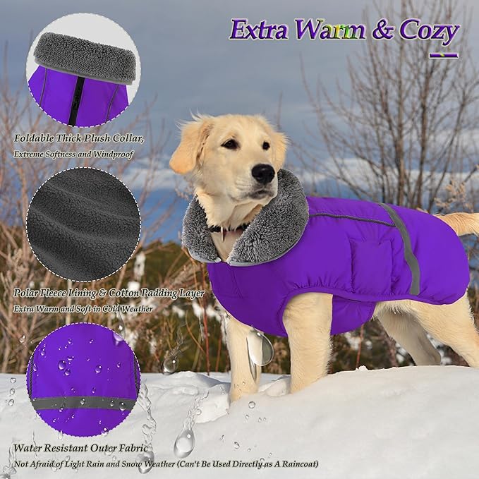Dogcheer Warm Dog Coat, Christmas Dog Jacket Waterproof Puppy Winter Coat with Buckles, Reflective Adjustable Pet Snow Jacket Turtleneck Fleece Sweater for Small Medium Large Dogs - Purple, L