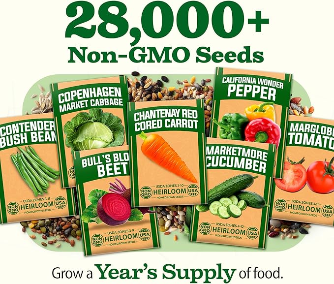 HOME GROWN 55 Variety Survival Seed Vault 28,000+ Heirloom Non-GMO Vegetable Seeds for Planting, High Germination, Emergency Food Supply,Year-Round Garden Starter Kit,Gift for Gardeners (55 Varieties)