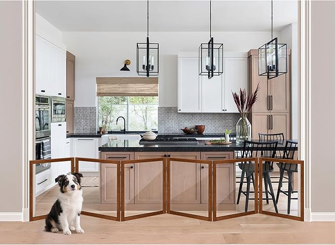 LZRS Extra-Wide Clear Dog Gate for Indoor Use - Transparent Pet Fence with Solid Hardwood and Plastic Board, Stylish & Durable freestanding Pet Gate for Doorways, Stairs and Hallways-6 Panel Cherry
