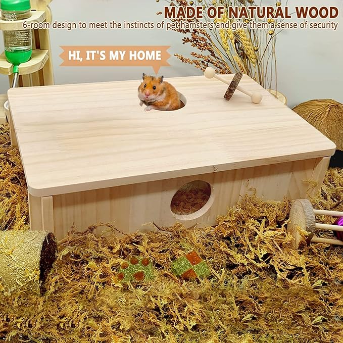 Multi Room Hamster Hideout,Wooden Hamster Multichamber House Platform,Chamber-Maze Gerbil Hideout Wood Tunnel Pet Rat Cage Accessories
