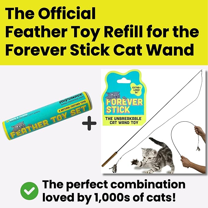 Cat Feather Toy Refill 3-Pack - Natural Feather Cat Toy - Small Size Cat Wand Attachments - Official Cat Toy Feather Replacement for Forever Stick Cat Wand Toy - Cat Wand Refill - Cat Lure and Teaser