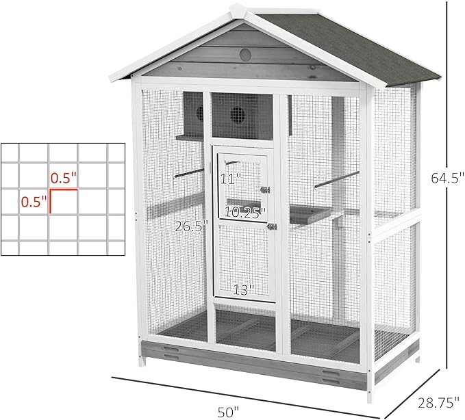 PawHut 64.5" Wooden Bird Cage Aviary, Flight Cage with 4 Perches, Nest and Slide-Out Tray for Indoor/Outdoor, Gray
