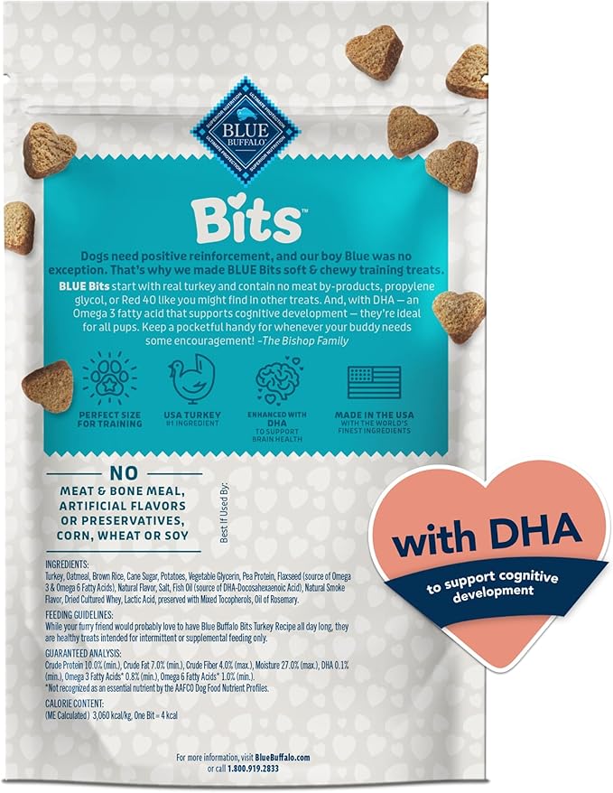 Blue Buffalo Bits Soft Dog Treats for Training, Made with Natural Ingredients & Enhanced with DHA, Turkey Recipe, 4-oz Bag (Pack of 6)