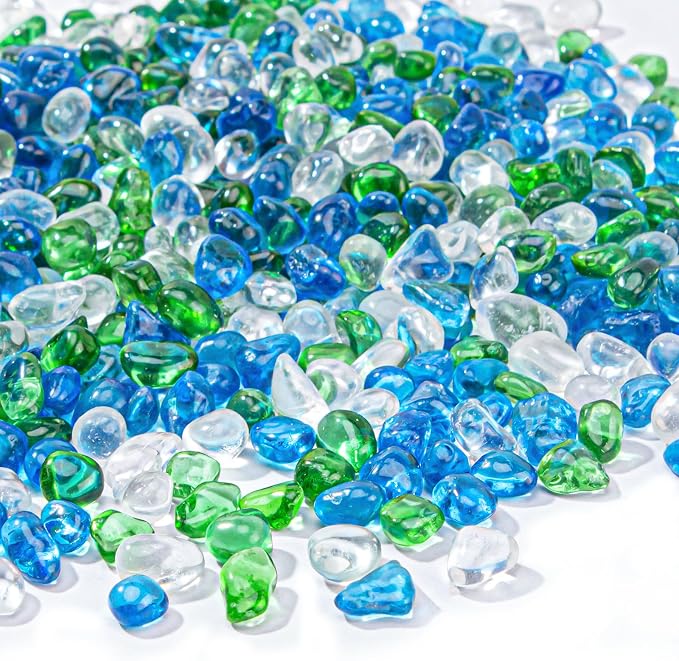 Keedolla 2 lbs/900g Aquarium Glass Pebbles Stones Fish Tank Rocks Gravel, Green Mix Glass Gemstones Fish Bowl Rocks for Vase Fillers, DIY Crafts, Home Decor - 6-9mm